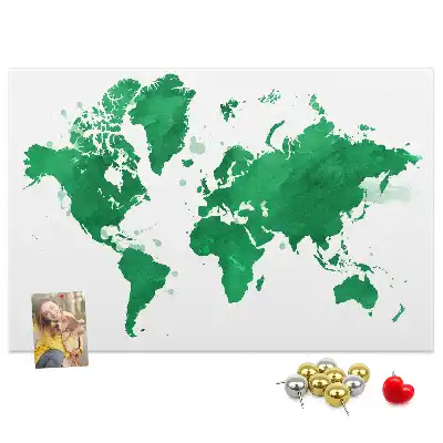 Cork memo board with a green world map print