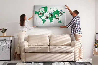 Cork memo board with a green world map print