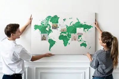 Cork memo board with a green world map print
