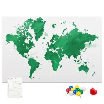 Cork memo board with a green world map print