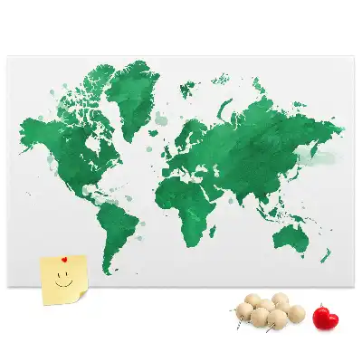 Cork memo board with a green world map print