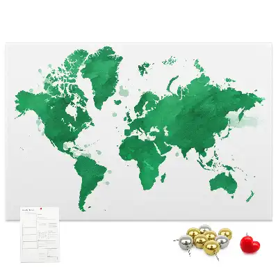 Cork memo board with a green world map print