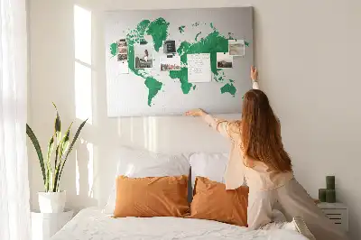 Cork memo board with a green world map print
