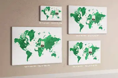 Cork memo board with a green world map print