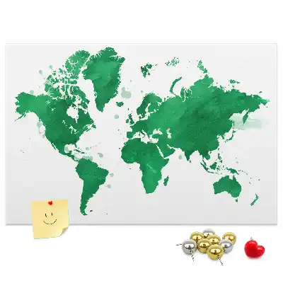 Cork memo board with a green world map print