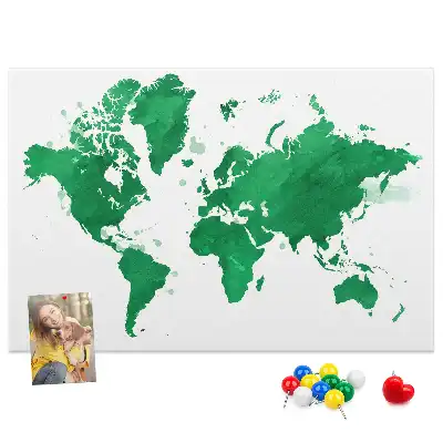 Cork memo board with a green world map print