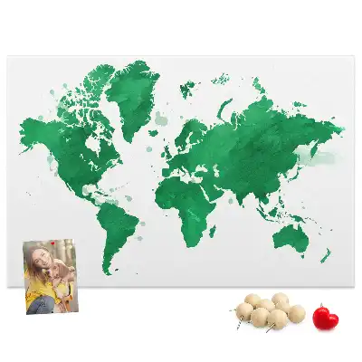 Cork memo board with a green world map print