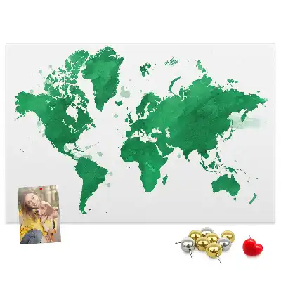 Cork memo board with a green world map print