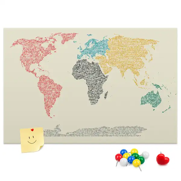 World map cork memo board with letter accents