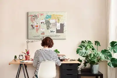 World map cork memo board with letter accents