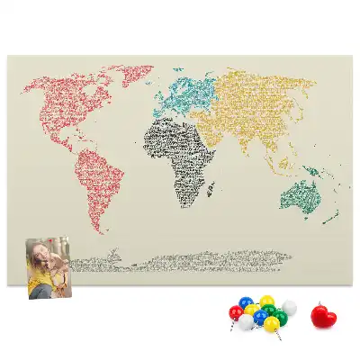 World map cork memo board with letter accents