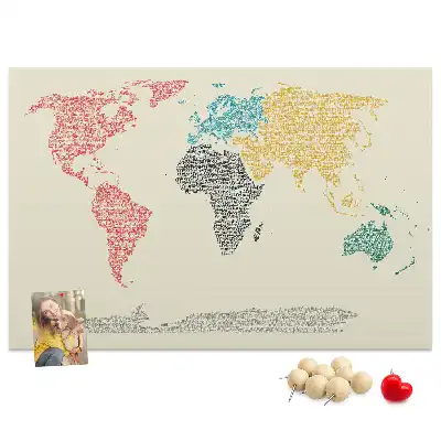 World map cork memo board with letter accents