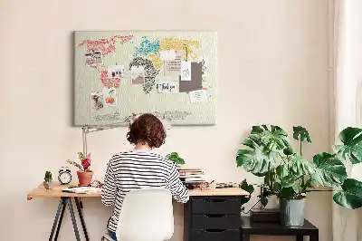 World map cork memo board with letter accents