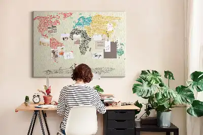 World map cork memo board with letter accents