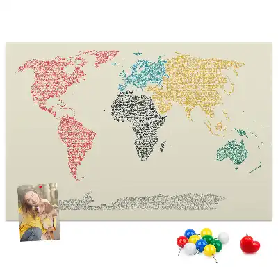World map cork memo board with letter accents