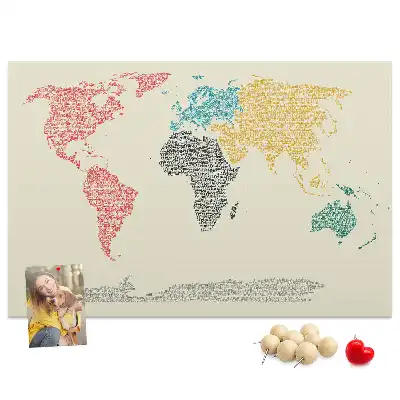 World map cork memo board with letter accents