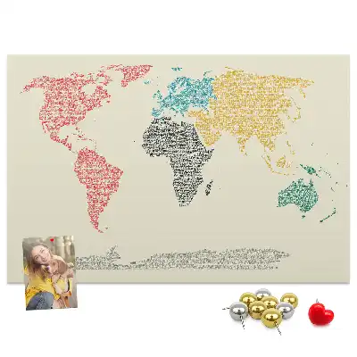 World map cork memo board with letter accents