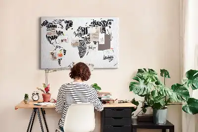 World Map Typography Printed Cork Memo Board