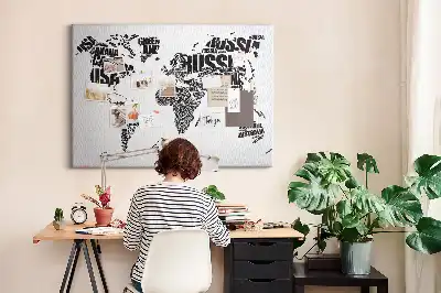 World Map Typography Printed Cork Memo Board