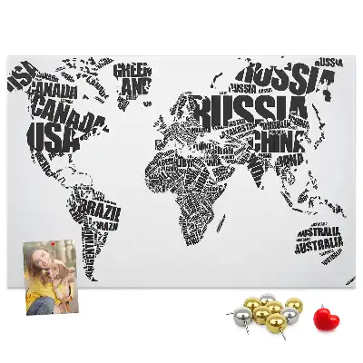 World Map Typography Printed Cork Memo Board