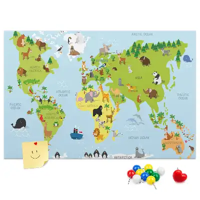 Cork memo board World map with animals