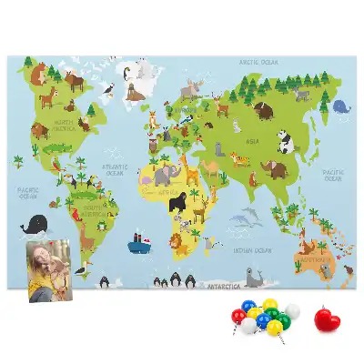 World Map Cork Memo Board with Animals