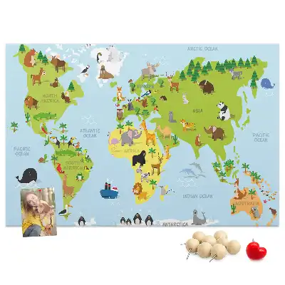 World Map Cork Memo Board with Animals
