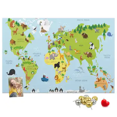 World Map Cork Memo Board with Animals