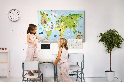 World Map Cork Memo Board with Animals