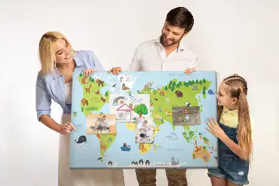 World Map Cork Memo Board with Animals