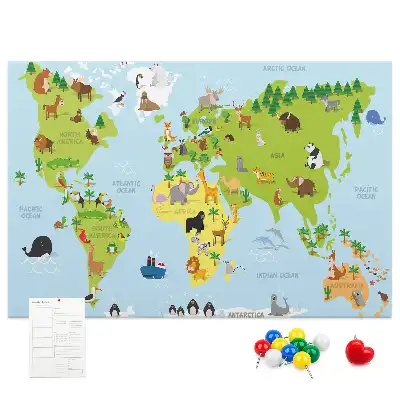 World Map Cork Memo Board with Animals