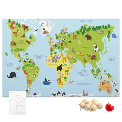 World Map Cork Memo Board with Animals