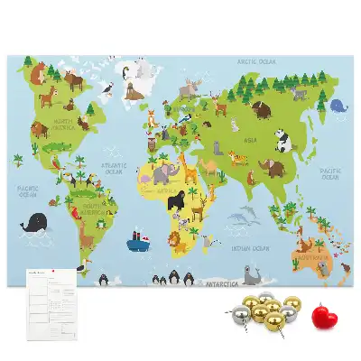World Map Cork Memo Board with Animals