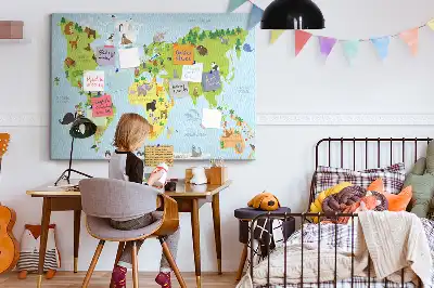 World Map Cork Memo Board with Animals