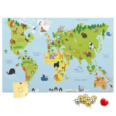 World Map Cork Memo Board with Animals