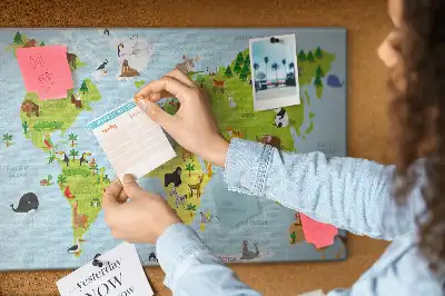 World Map Cork Memo Board with Animals