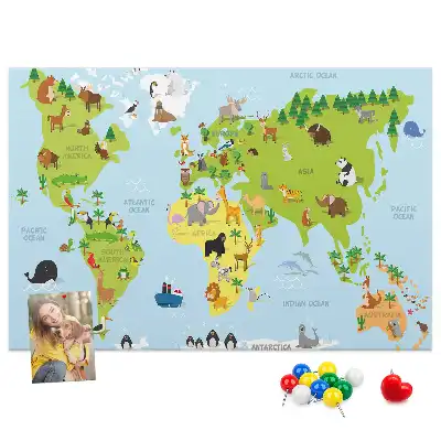World Map Cork Memo Board with Animals