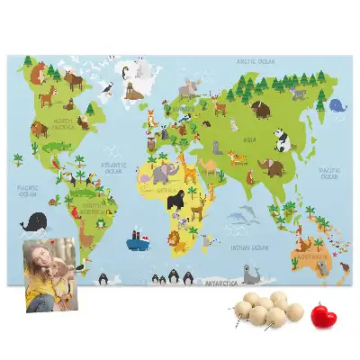 World Map Cork Memo Board with Animals