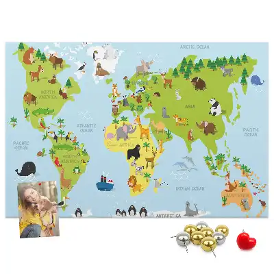 World Map Cork Memo Board with Animals