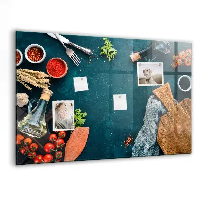 Magnetic glass dry erase board with kitchen utensils design