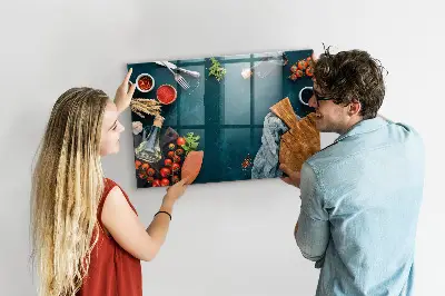 Magnetic glass dry erase board with kitchen utensils design
