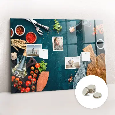 Magnetic glass dry erase board with kitchen utensils design