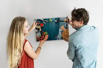 Magnetic glass dry erase board with kitchen utensils design