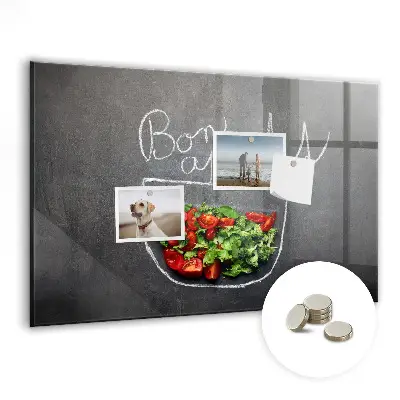 Magnetic glass dry erase board with Bon appetit inscription