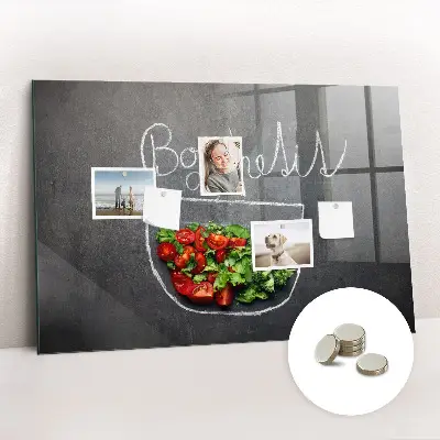 Magnetic glass dry erase board with Bon appetit inscription