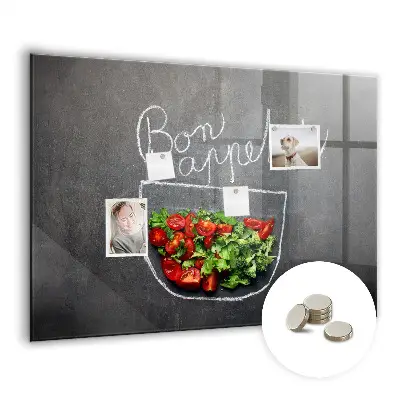 Magnetic glass dry erase board with Bon appetit inscription