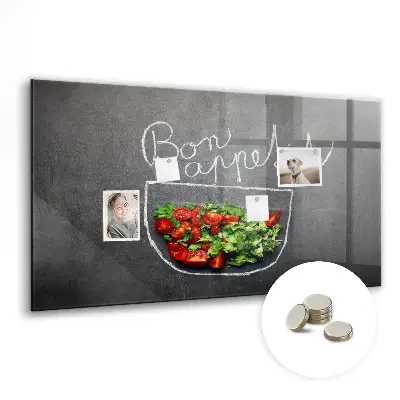 Magnetic glass dry erase board with Bon appetit inscription