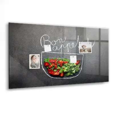 Magnetic glass dry erase board with Bon appetit inscription