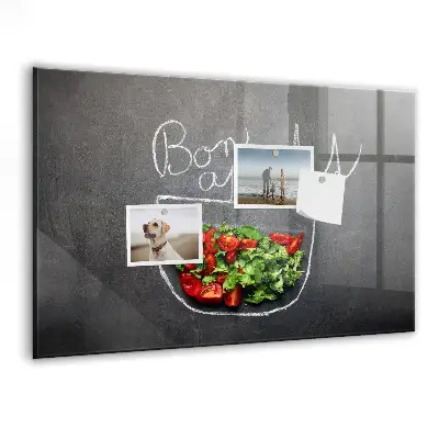 Magnetic glass dry erase board with Bon appetit inscription