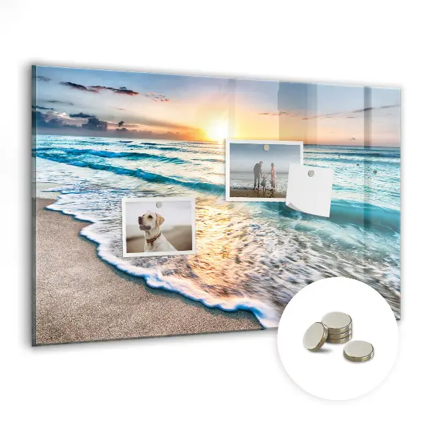 Magnetic wall board with a beach, sea, and sand print